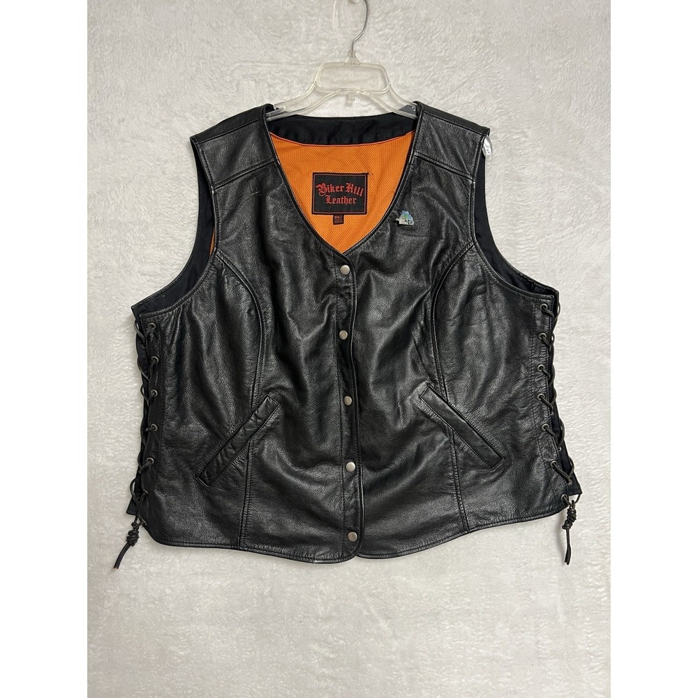 Biker Hill Leather Vest 5XLT‎ Black Lace Side Motorcycle Biker Orange Lined